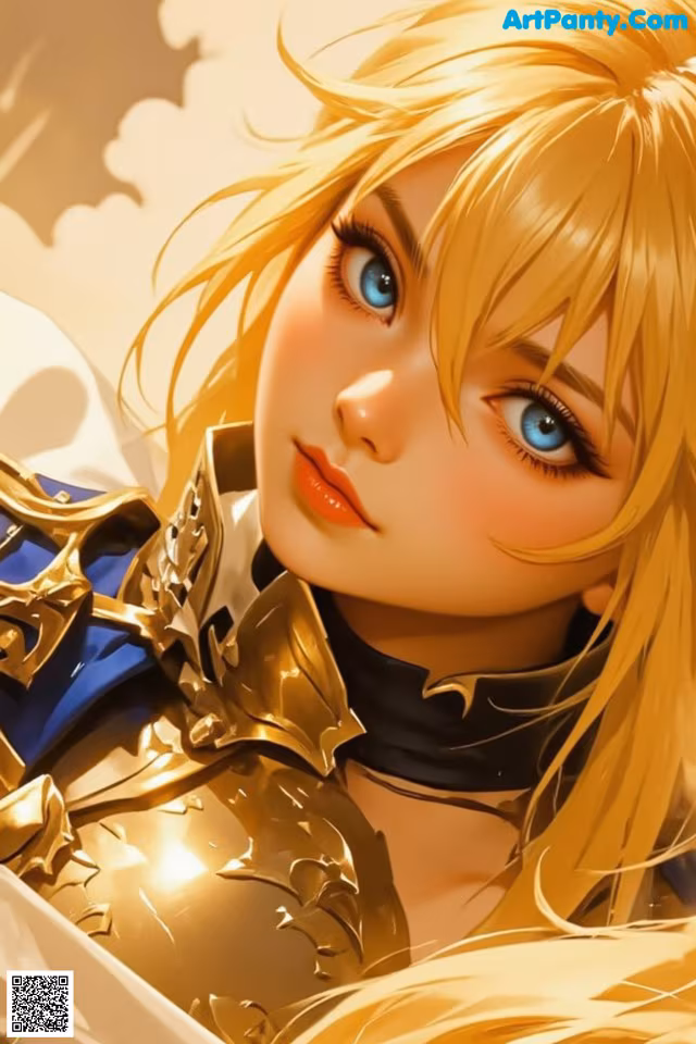 A woman with long blonde hair and blue eyes holding a sword.
