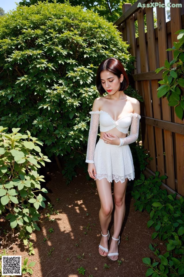 A woman in a white dress standing in front of a fence.