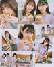 A collage of photos of a girl eating a hamburger.