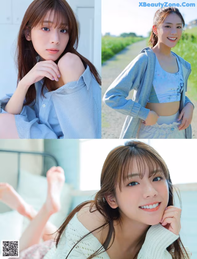 A woman in a blue shirt is posing for a picture.