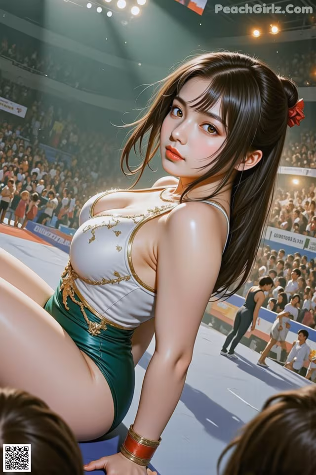 A woman in a green and white bathing suit sitting on the ground.