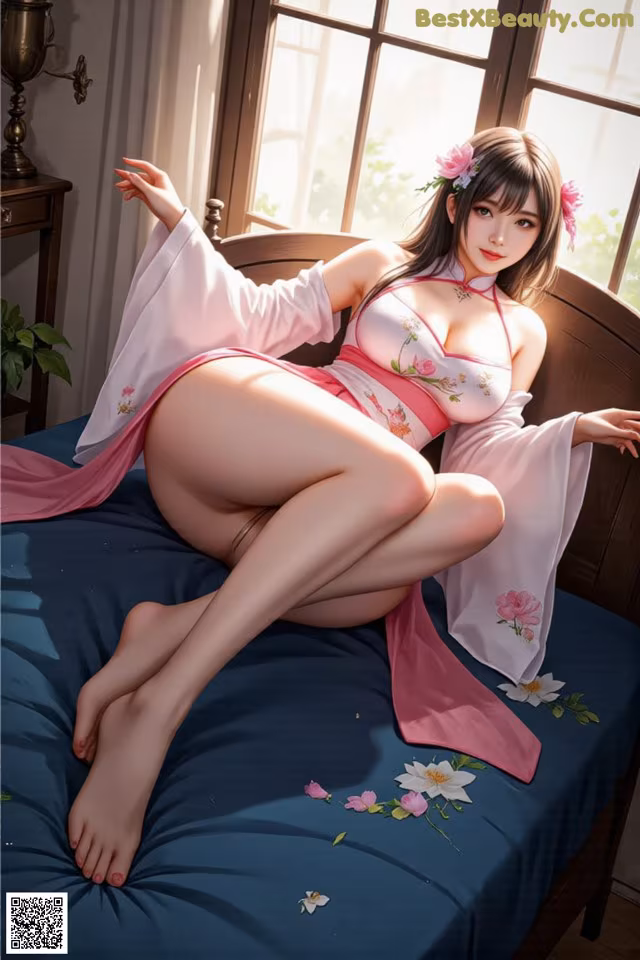 A woman in a pink dress sitting on a bed.