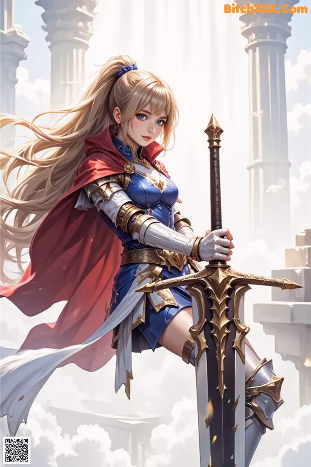 A woman in armor holding a sword in front of a building.