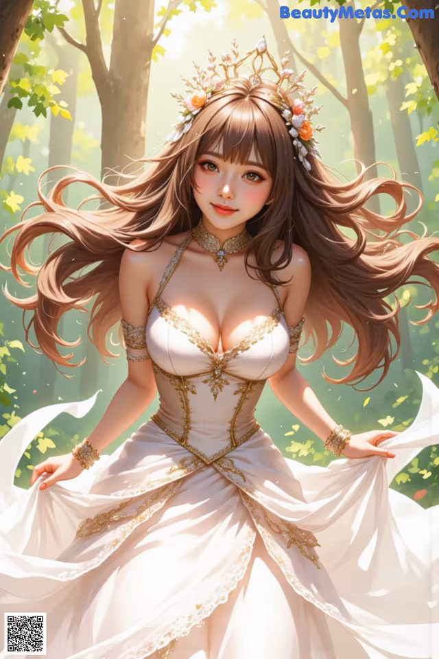 A woman in a white dress with a flower crown on her head.