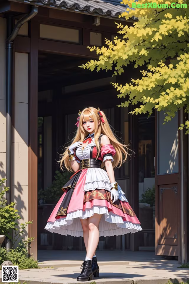 A woman in a pink and white dress standing in front of a building.