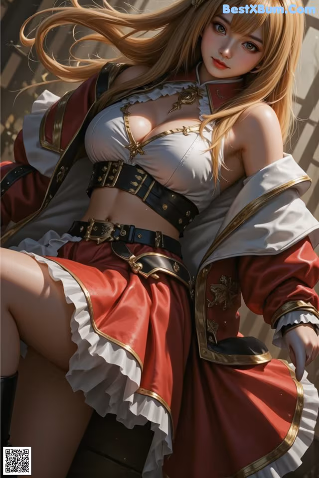 A woman in a red and white outfit sitting on a bench.