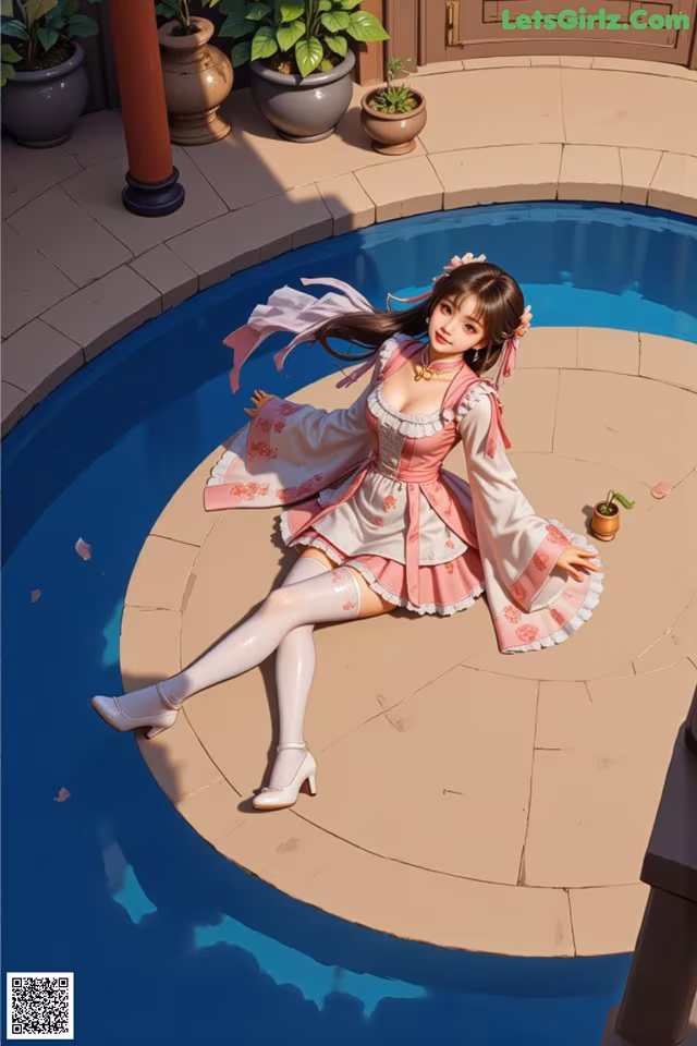 A woman in a pink dress sitting on the edge of a pool.