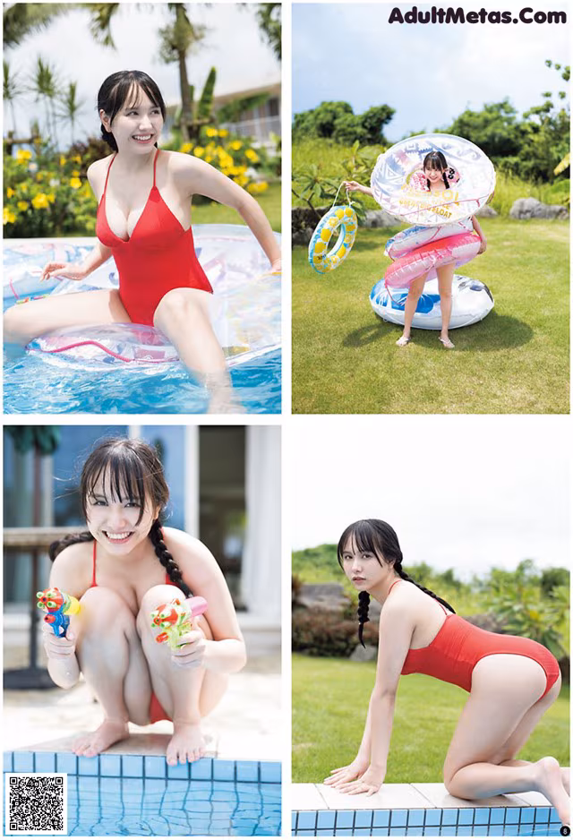 A woman in a red bathing suit sitting on an inflatable raft.