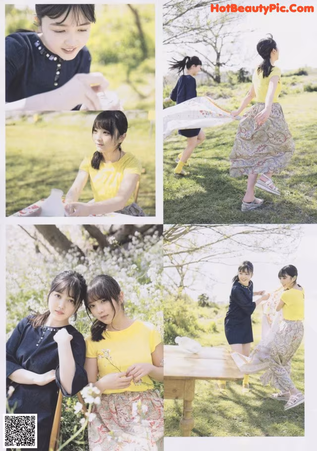 A collage of photos of a woman in a yellow shirt and skirt.