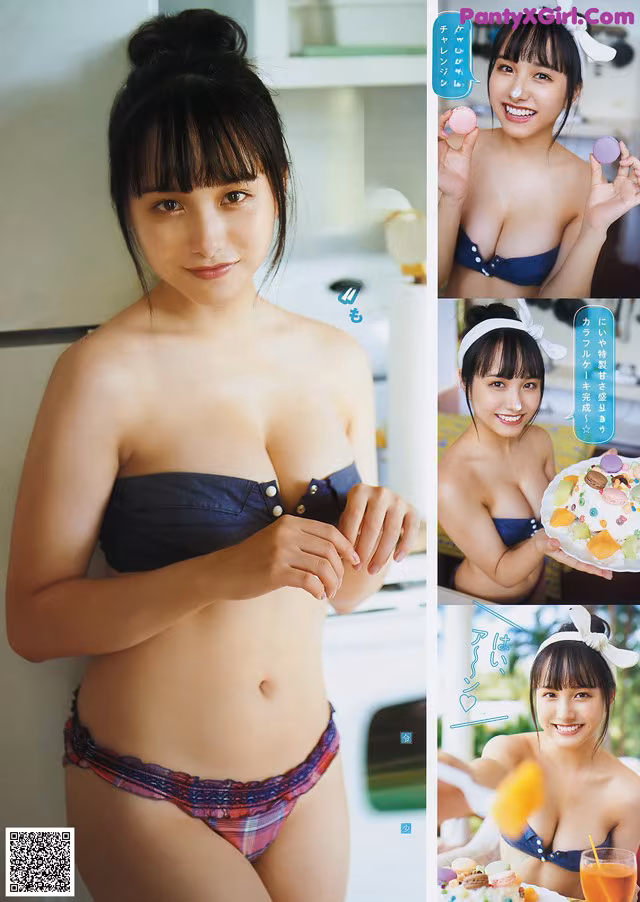 A woman in a bikini holding a plate of food.