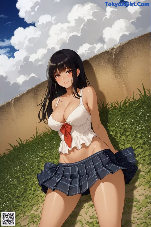 A woman in a school uniform is posing for a picture.