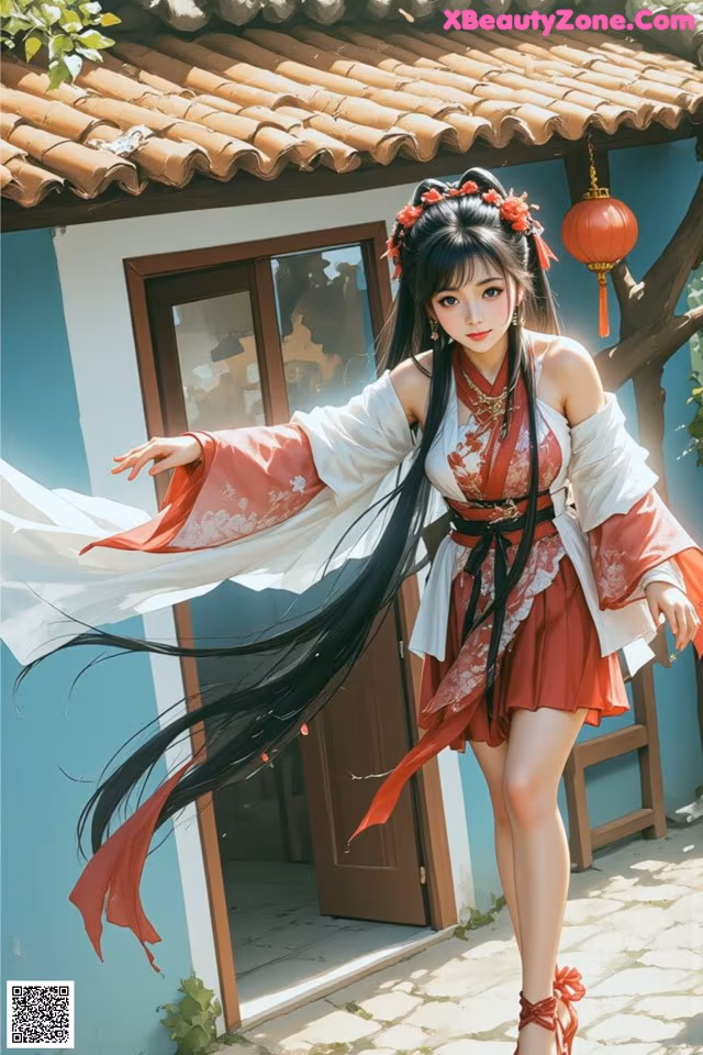 A woman in a red and white dress is posing for a picture.