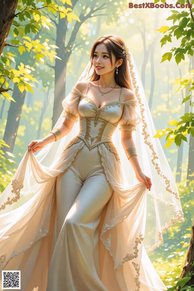 A woman in a wedding dress standing in the woods.