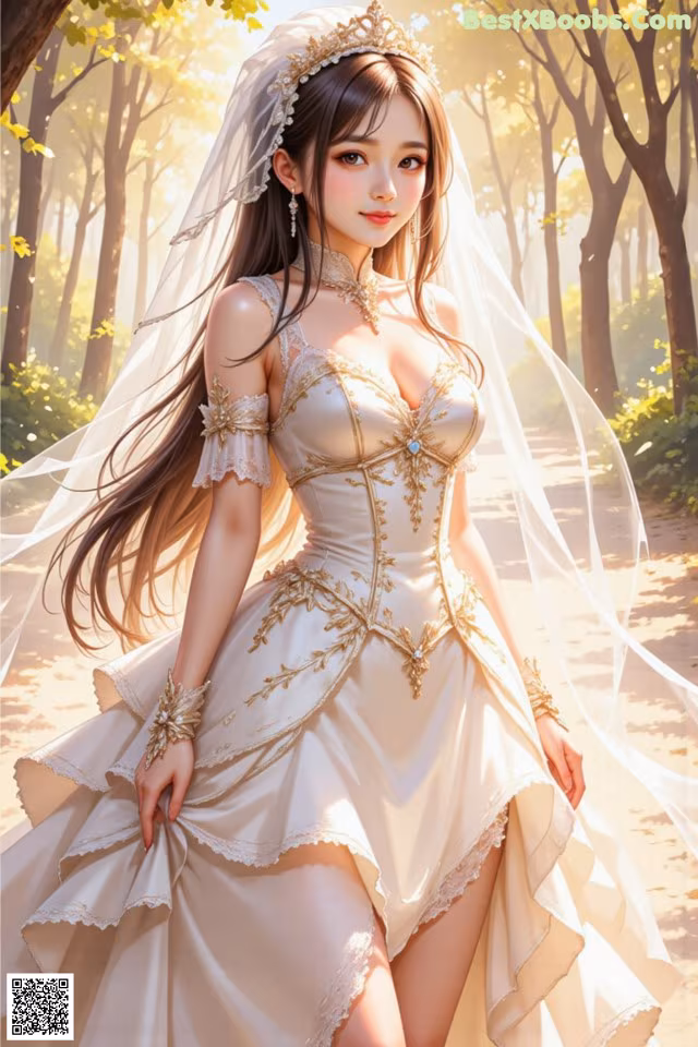 A woman in a wedding dress standing in the woods.