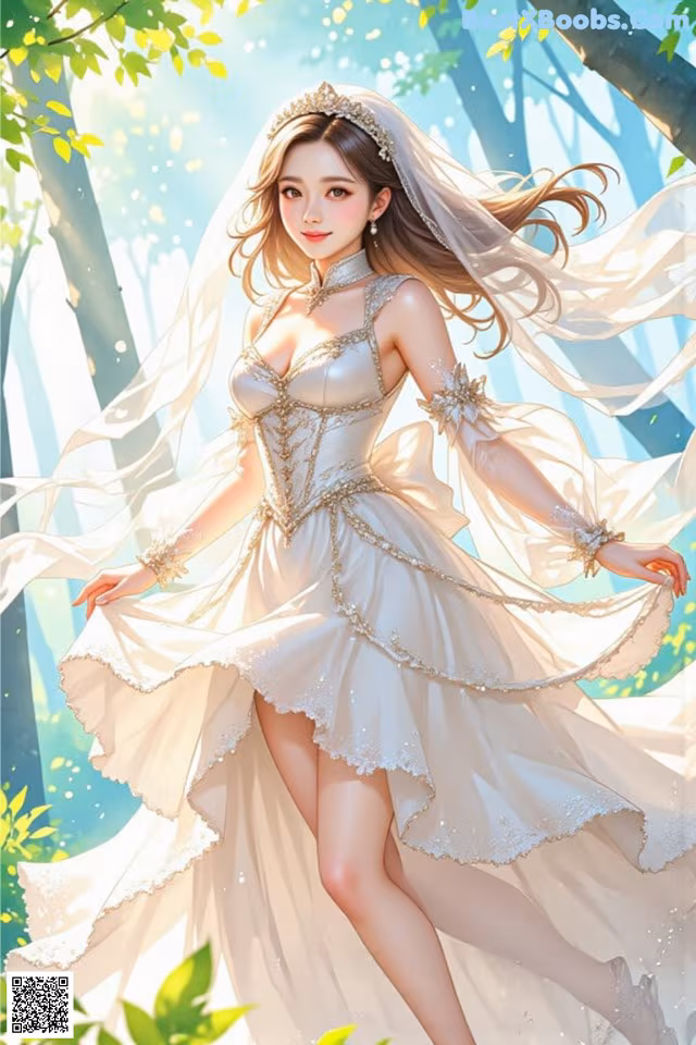 A woman in a wedding dress is walking through the woods.