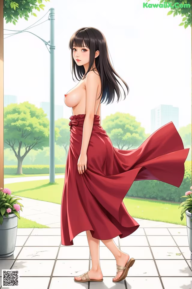A woman in a red dress is walking down a sidewalk.