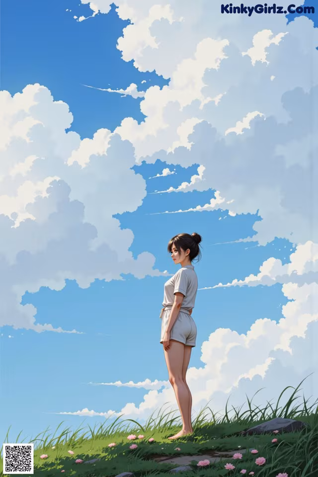A woman standing on top of a lush green field.