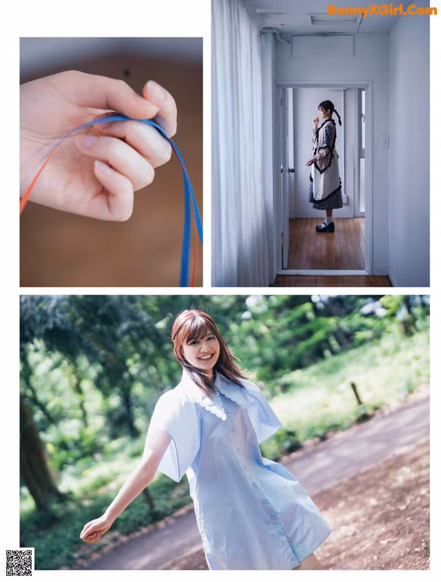 A collage of photos of a woman in a blue dress.