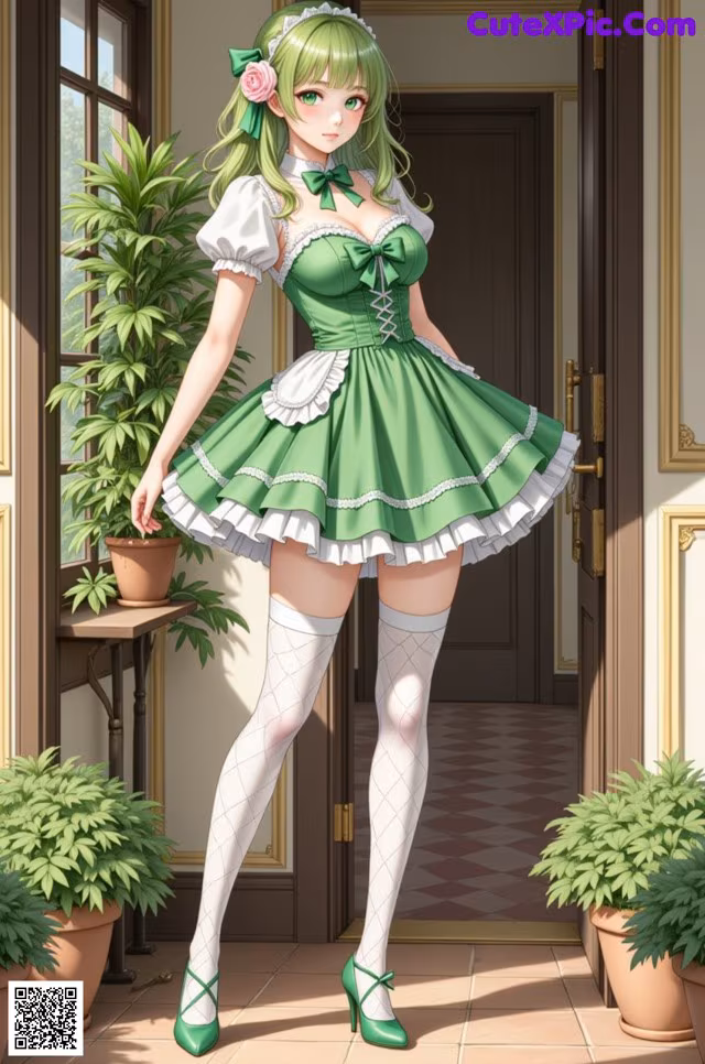A woman in a green dress and white stockings posing for a picture.
