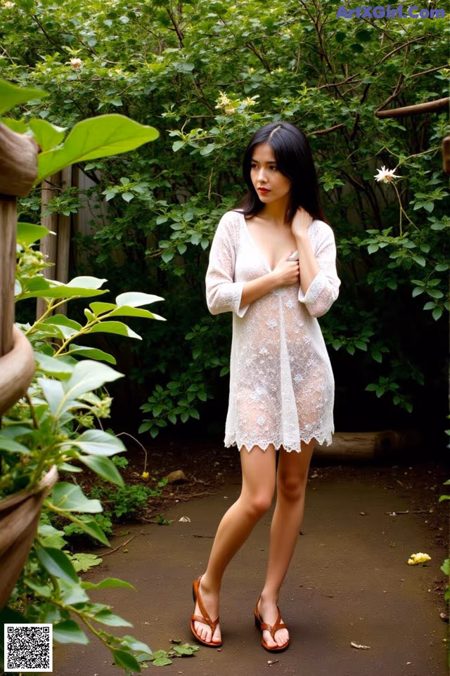 A woman in a white dress standing in a garden.