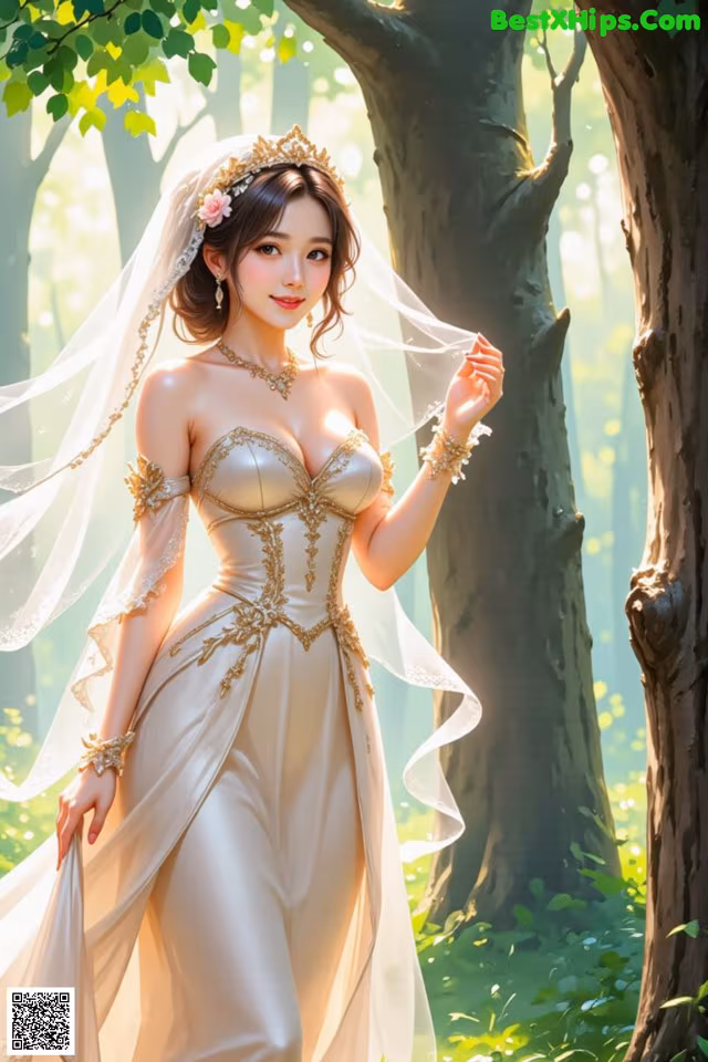A woman in a wedding dress standing in the woods.