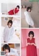 A collage of photos of a woman in a red dress.