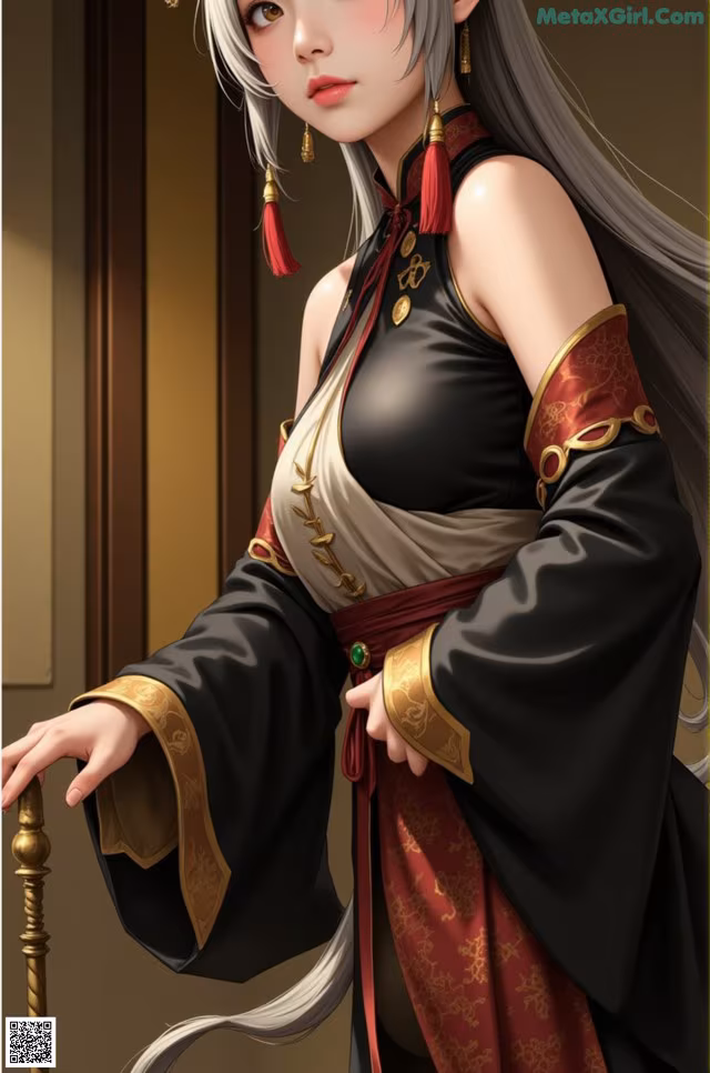 A woman in a black and red dress holding a sword.