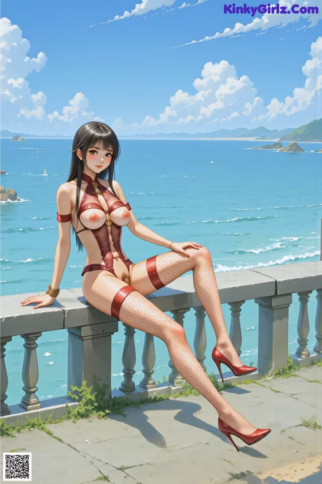 A woman in a red lingerie sitting on a railing by the ocean.
