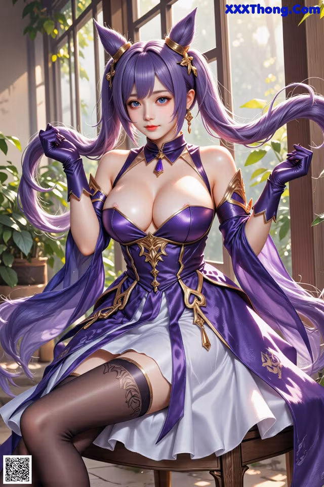 A woman in a purple dress sitting on a chair.