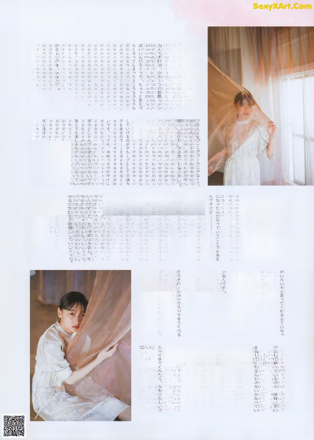 A magazine spread with a woman in a white dress.