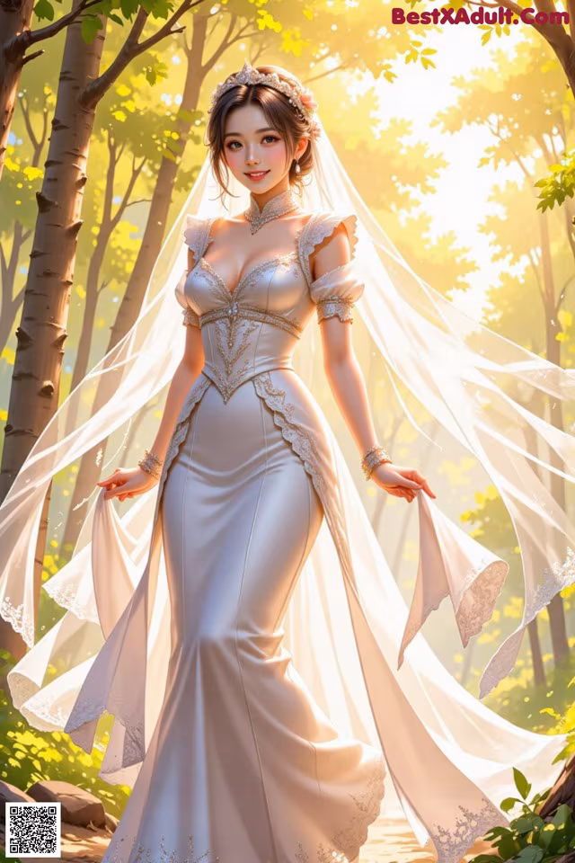 A woman in a wedding dress standing in the woods.