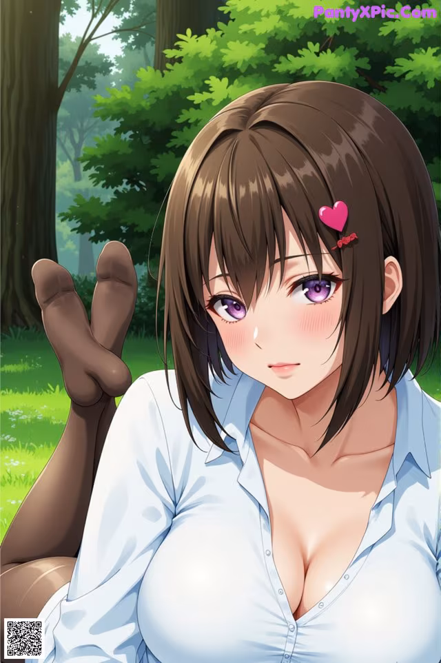 A woman in a white shirt is sitting in the grass.