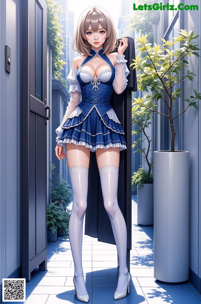 A woman in a blue and white dress standing in front of a door.