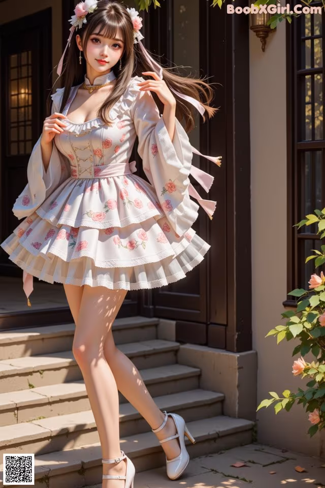 a woman in a white dress with pink flowers on it