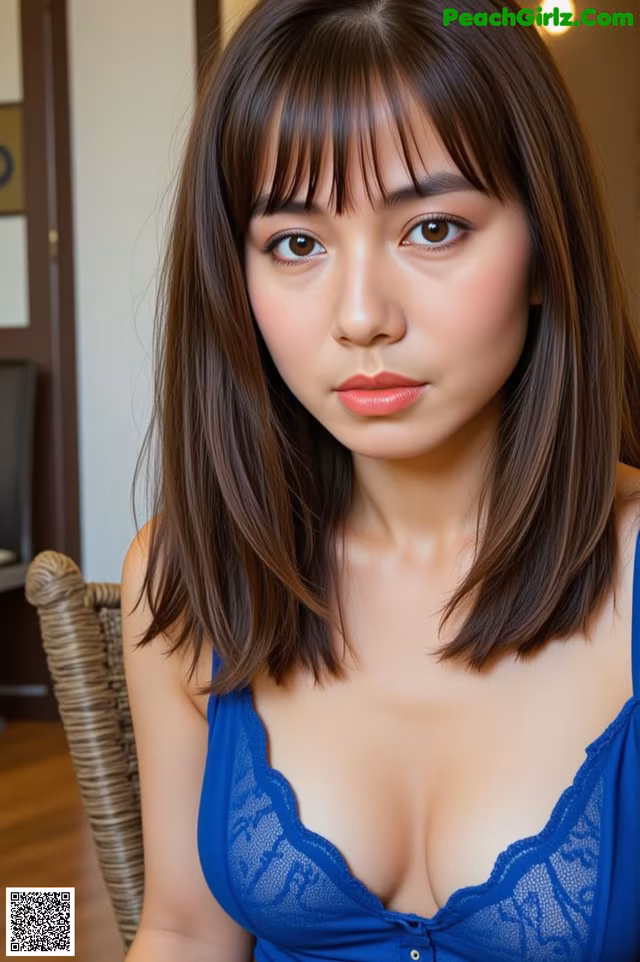 A woman in a blue bra sitting on a chair.