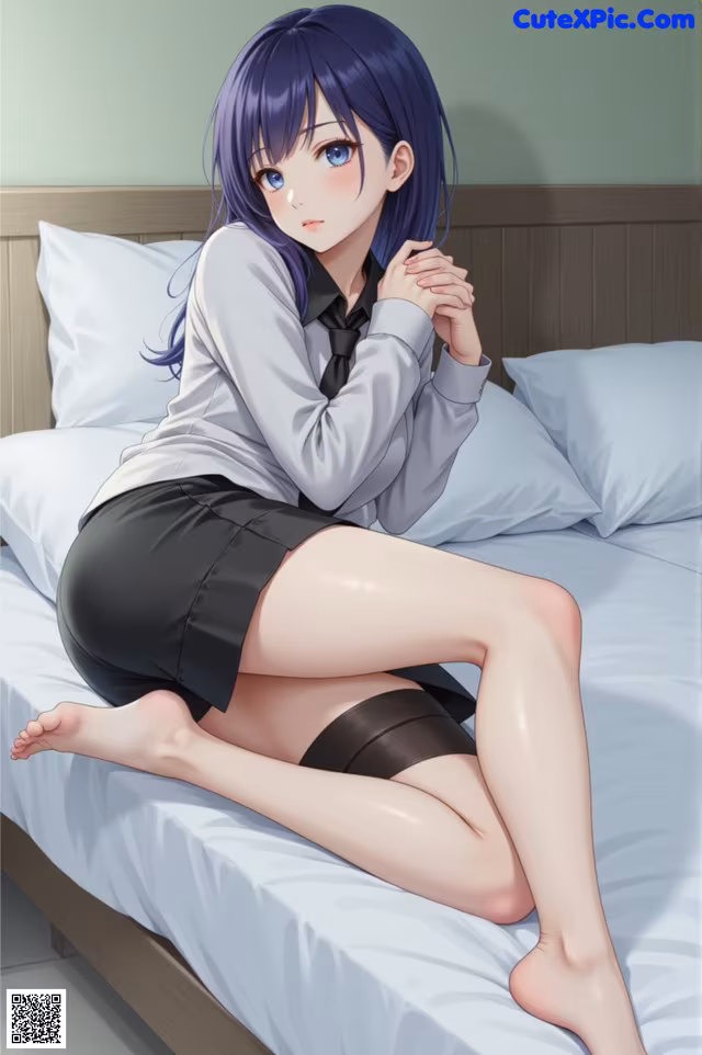 A woman sitting on a bed with her legs crossed.